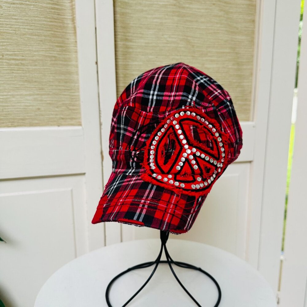 Leader Black and Red Plaid Newsboy Cap Peace Sign Rhinestones Girls Cap